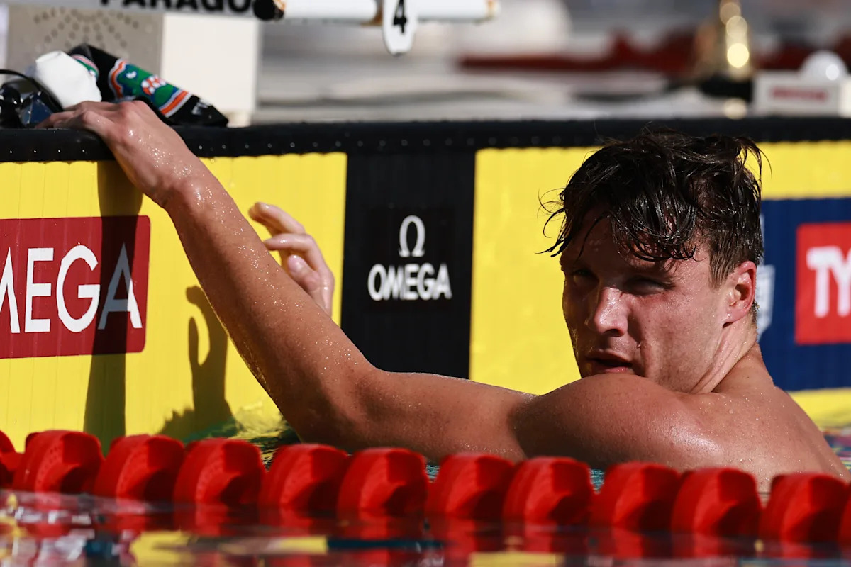 Léon Marchand beat out by Bobby Finke in 400-meter IM in French star’s first post-Olympic event
