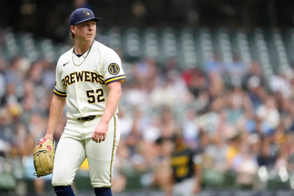 Brewers P Kyle Harrison strikes out 8 consecutive batters in return from IL, but exits with calf cramps